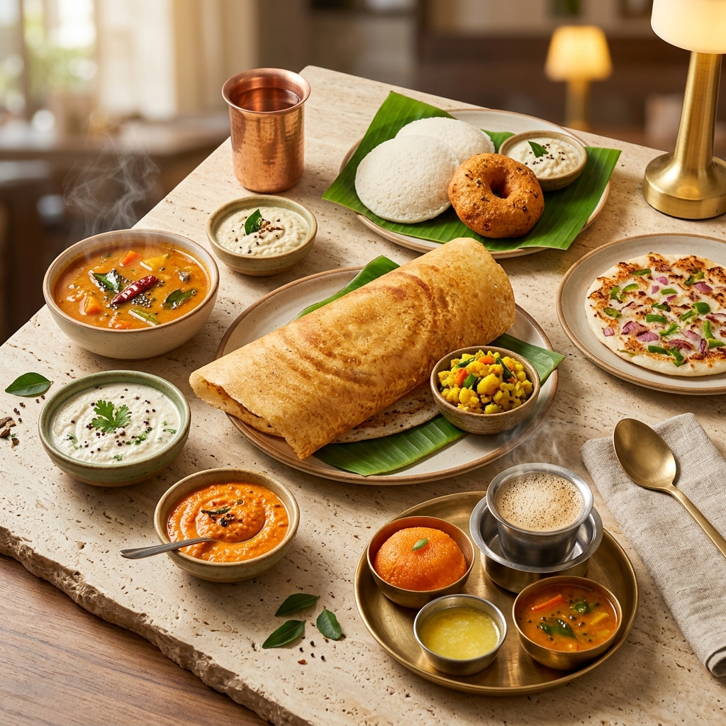 Delicious South Indian food spread including dosa, idli, sambhar, and thali
